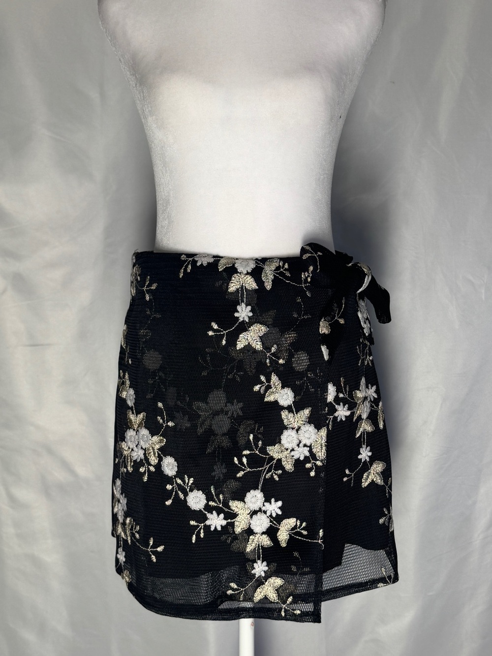 Angel Biba Black Mini Wrap Skirt with White and Gold Floral Embroidery